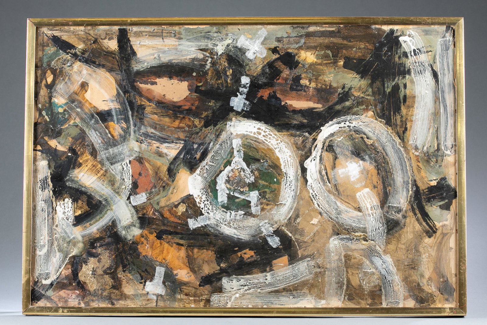 Merton Simpson, "Concert," 1954: Simpson, Merton D. (American,1928-2013) "Concert." 1954. Oil on paper. Signed and dated l.c. Bertha Schaefer gallery label on verso. Sight: 19 3/4" x 29 3/4" Frame: 21 1/4" x 31". Two small areas of p