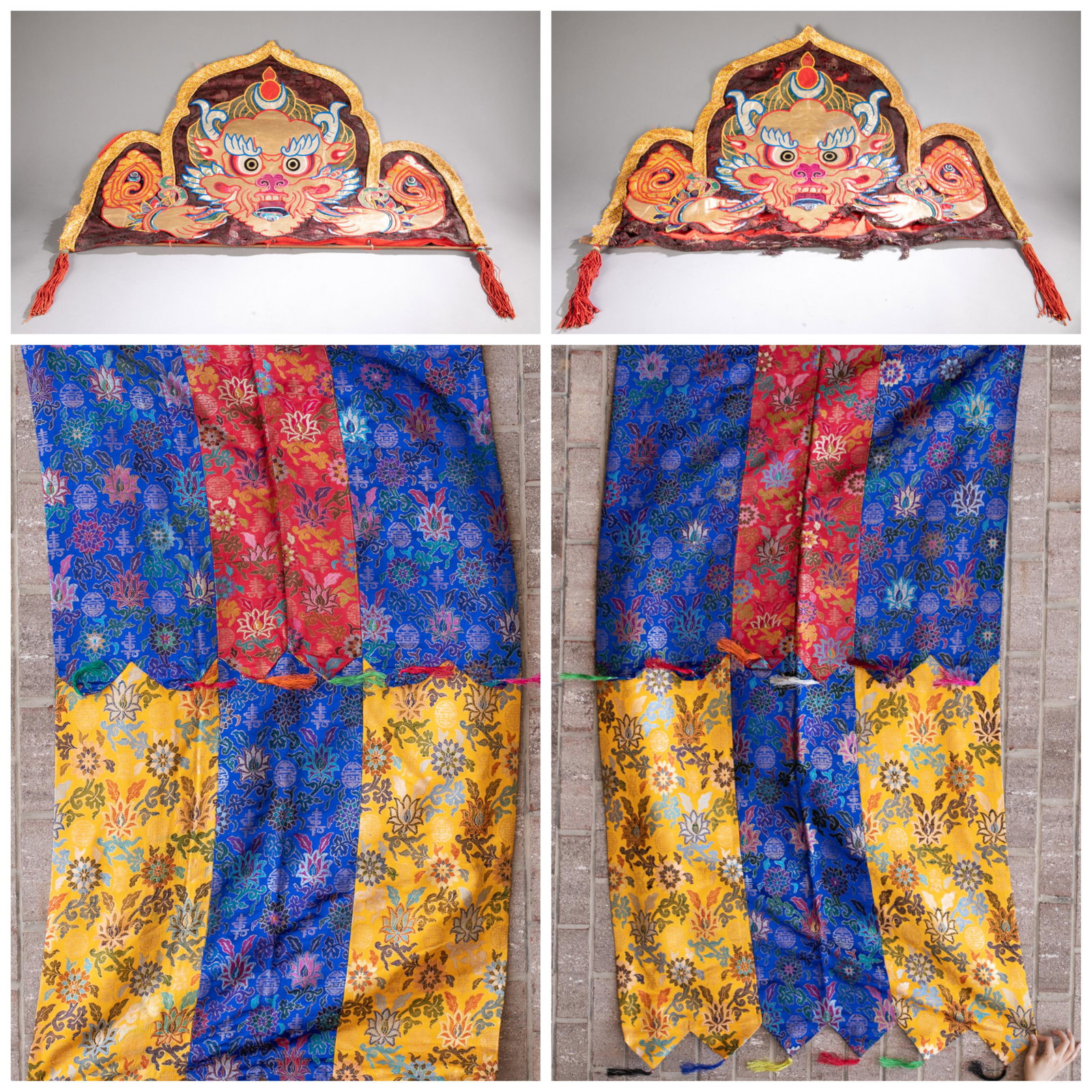 4 Tibetan temple banners.: A group of four Tibetan temple banners. ++ 2 inverted tiger banners. 27" x 36 1/2". ++ 2 vertical hanging banners, embroidered "Shou" (longevity) characters with lotus on collage of blue, read and yel