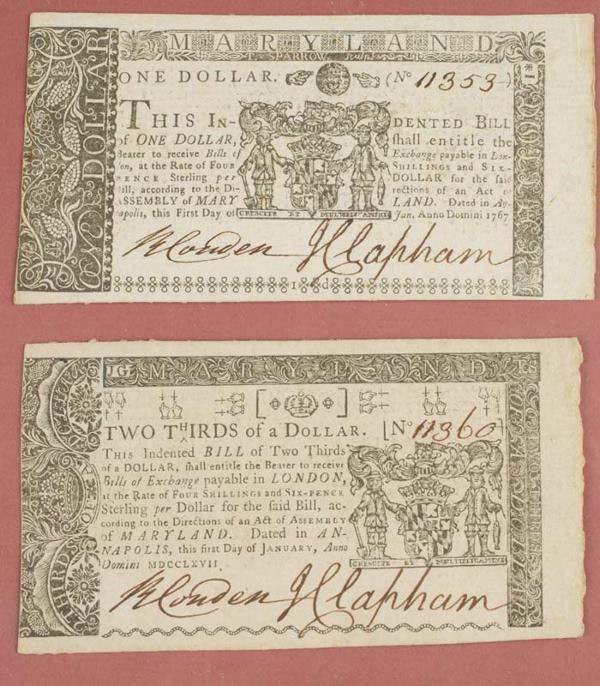 Two Maryland currency bills dated Jan. 1767.: Two Maryland bills dated Jan. 1767. Two thirds of a dollar and one dollar. Very fine condition, no creases or tears, paper fresh and clean, wide margins. Strong impression Exceptional pieces