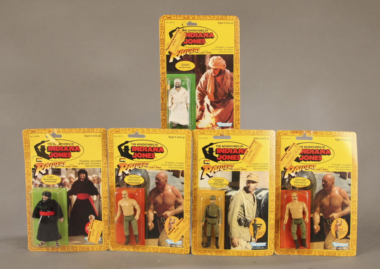 2 Indiana Jones ROLA action figures MIB: A group of two Kenner 1983 Adventures of Indiana Jones: Raiders of the Lost Ark action figures. Punched mint on card. Indiana Jones in German Uniform figure. Two German Mechanic figure. Sallah action 
