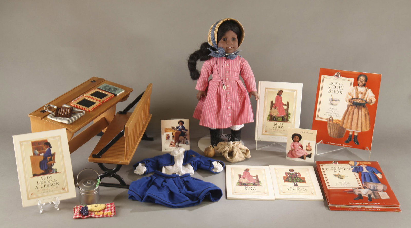 American Girl Addy Walker doll and accessories.: Pleasant Company American Girl Addy Walker doll and accessories. ++ 18" Addy doll with original first edition Meet Outfit of pink day dress, stockings, boots, straw bonnet, kerchief, gourd, and cowrie