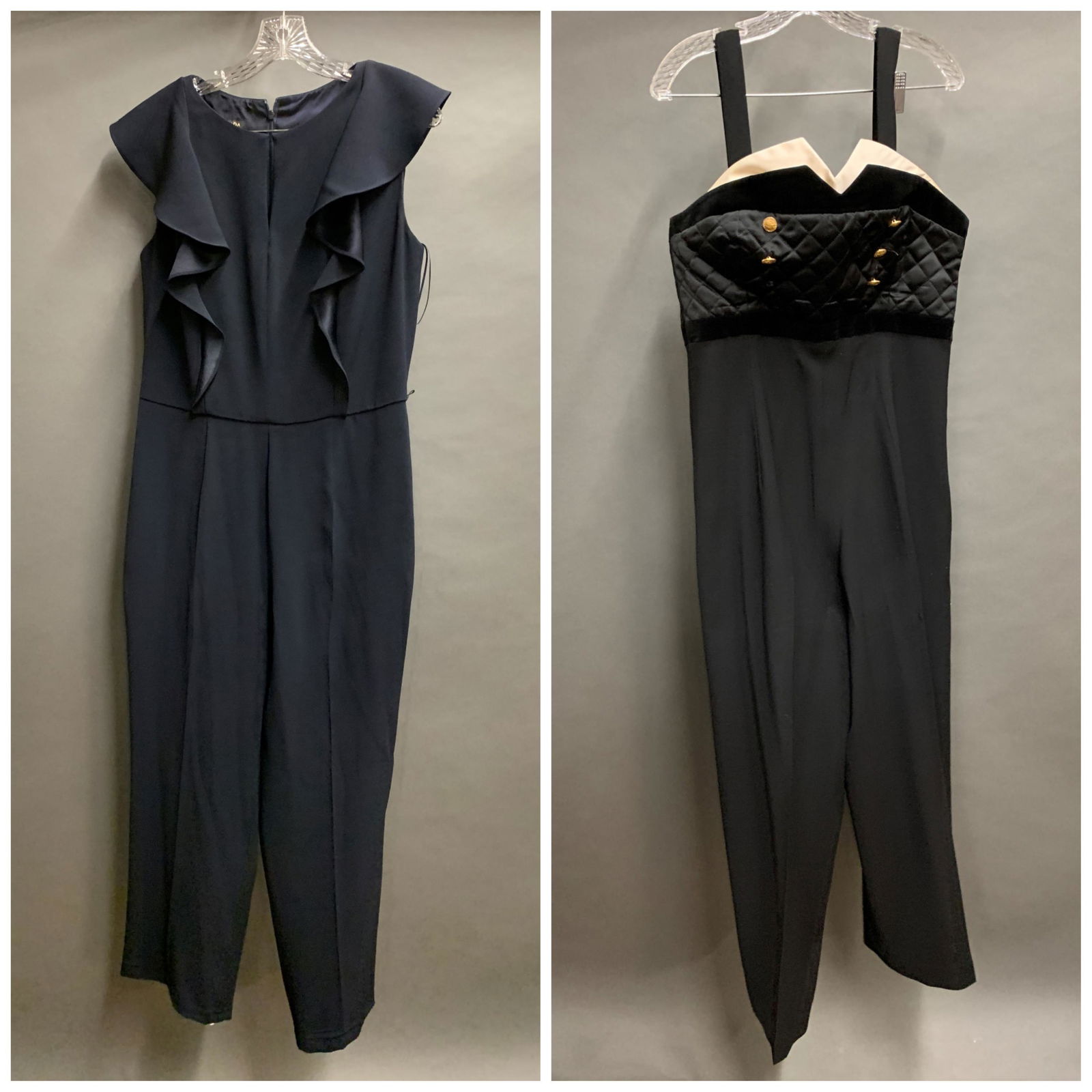 2 Escada Jumpsuits.: A group of two Escada jumpsuits. ++ Black sleeveless jumpsuit with ruffled shoulders and zippered back. Size 42. ++ Black empire waist jumpsuit with layered quilted bodice and removable straps. Size 4