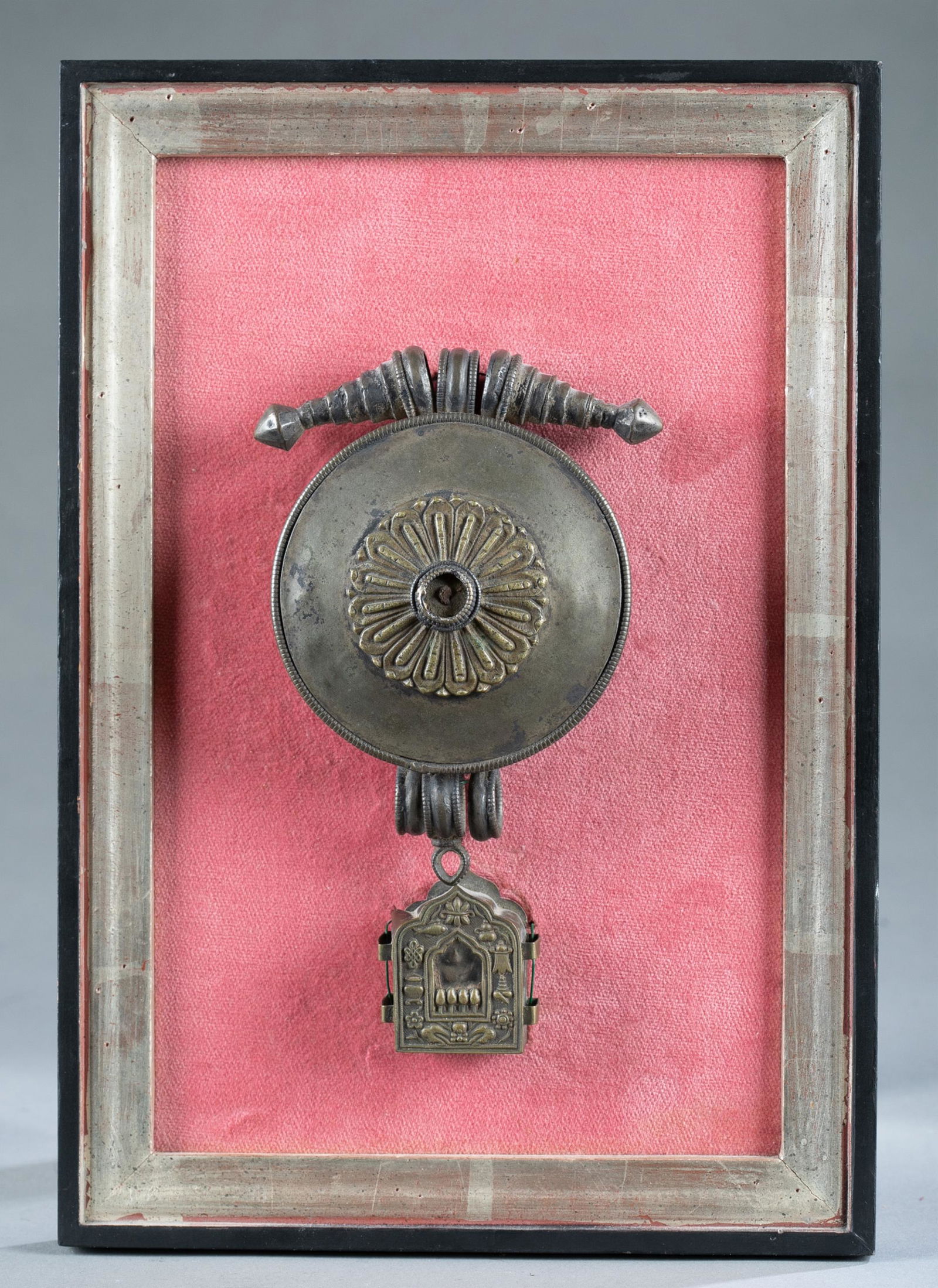 Mounted Tibetan brass gau and shrine. (1 of 4)