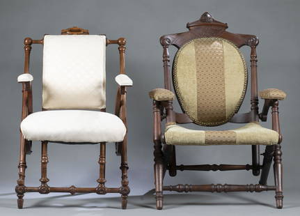 2 Hunzinger chairs.: A group of two Hunzinger chairs, mid 19th century. ++ Upholstered Hunzinger chair. Cream upholstery on back, seat, and arms. Pierced handle crest rail and fluted stiles, legs, and stretchers. Incised