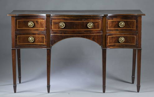 American Federal mahogany sideboard.: An American Federal mahogany serpentine front sideboard, 19th century. Pine secondary and mahogany primary. Five drawers with original brass octagonal pulls. Raised on tapered legs. 34" x 58 3/4" x