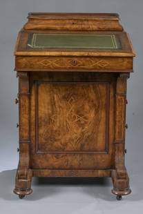 Burlwood veneer Davenport desk.: A Davenport desk, circa 1850-60. Burlwood wood veneer with inlaid geometric marquetry design. Lidded letter box compartment on top with leather slant top desk. Four drawers on the right side with