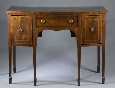 English Hepplewhite sideboard.: An English Hepplewhite sideboard, 19th century. Pine secondary. One felted drawer flanked by a deep drawer and on opposite a door revealing two felted drawers. Cross beading on drawers and along top.