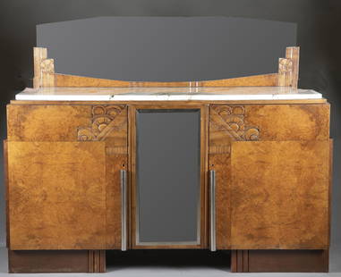 French Art Deco sideboard.: A French Art Deco sideboard, early 20th century. Burl walnut veneer, two doors with burl veneer and carved flower decoration astride central mirrored door cabinet. Marble top with mirrored burl