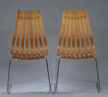 6 Norwegian Modern Hans Brattrud dining chairs.: A group of six Norwegian Modern Hans Brattrud (Norwegian, b. 1933) for Hove Mobler dining chairs. Bent teak slats on chrome steel wire supports. Leftover residue from Hove Mobler tag on underside. 37"