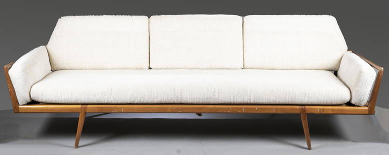 Mel Smilow Rail Back Sofa for Smilow-Thielle.: A Mel Smilow Rail Back Sofa for Smilow-Thielle c.1950s. With original white cushions. 92 1/8" x 18 7/8".Provenance: Estate of John and Martha Holdridge