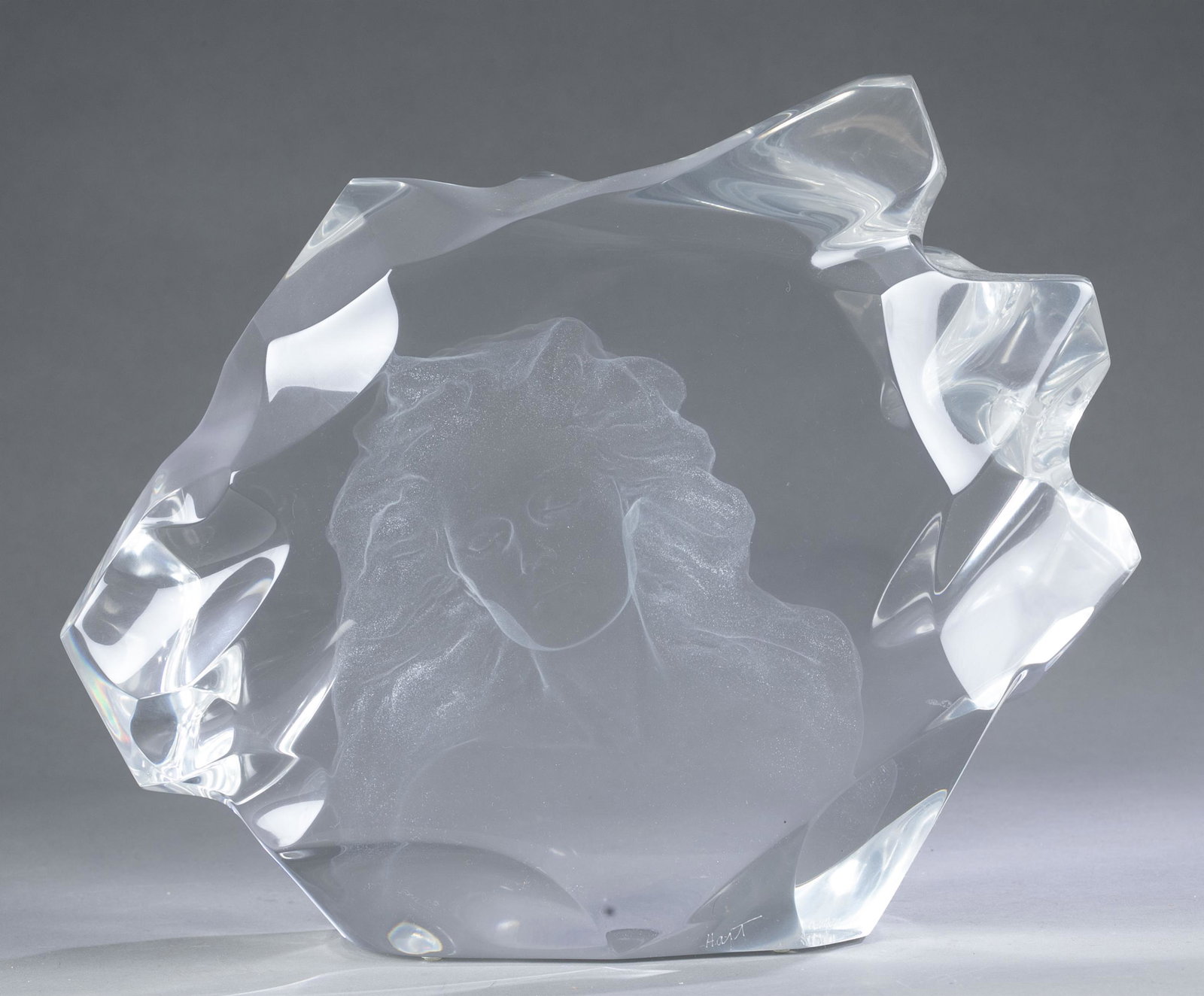 Frederick Hart, "Illuminata I," acrylic sculpture.: Hart, Frederick (American, 1943-1999). "Illuminata I." Acrylic (Lucite) sculpture.1997. Signed to lower recto "Hart" and incised signature on verso "1997 F. Hart 45/850 C.A.I." 11 1/2" x 15" x 4 1/2".