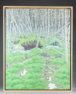 Alan Bray, "Spruce Bog, Hastack," 2003.: Bray, Alan (Waterville, ME. b.1946). "Spruce Bog, Hastack." 2003. Casein on panel. Signed l.r. Caldbeck Gallery label on verso. Sight: 29 3/4" x 24". Frame: 31 1/2" x 25 1/2". Provenance: From the col