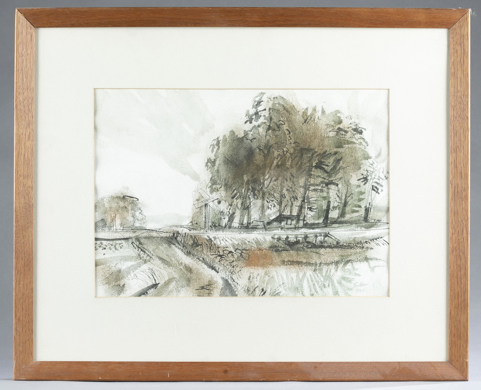 Robert Sudlow, Watercolor, 1961.: Sudlow, Robert (Kansas,1920-2010). Landscape. Watercolor and pen on paper. 1961. Signed and dated l.r. Sight: 10 1/2" x 15 1/4". Frame: 19" x 23 1/4". Condition: under glass, not examined out of frame