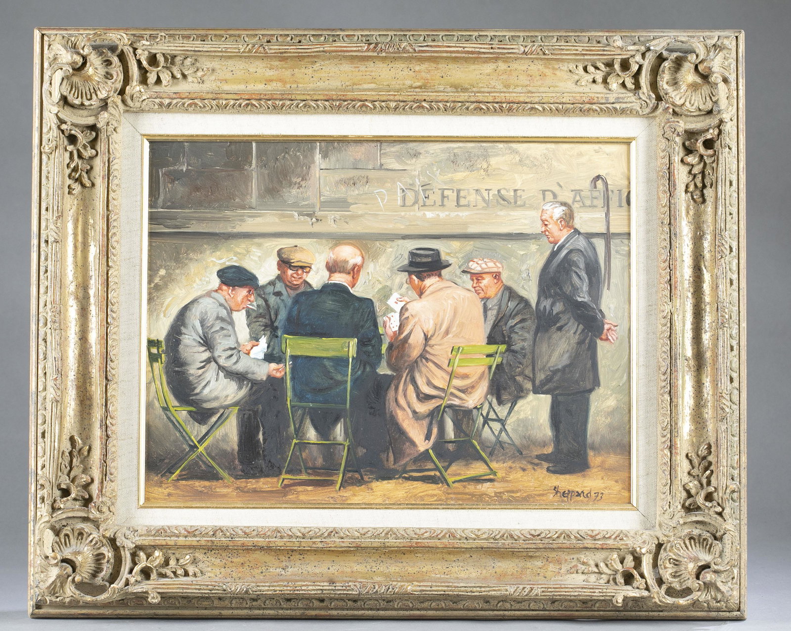 Joseph Sheppard, Card players, 1973.: Sheppard, Joseph (Baltimore, MD. b.1930). Card players seated around a table.1973. Oil on board. Signed and dated l.r. Sight: 11 1/2" x 15 1/2". Frame: 19" x 23".