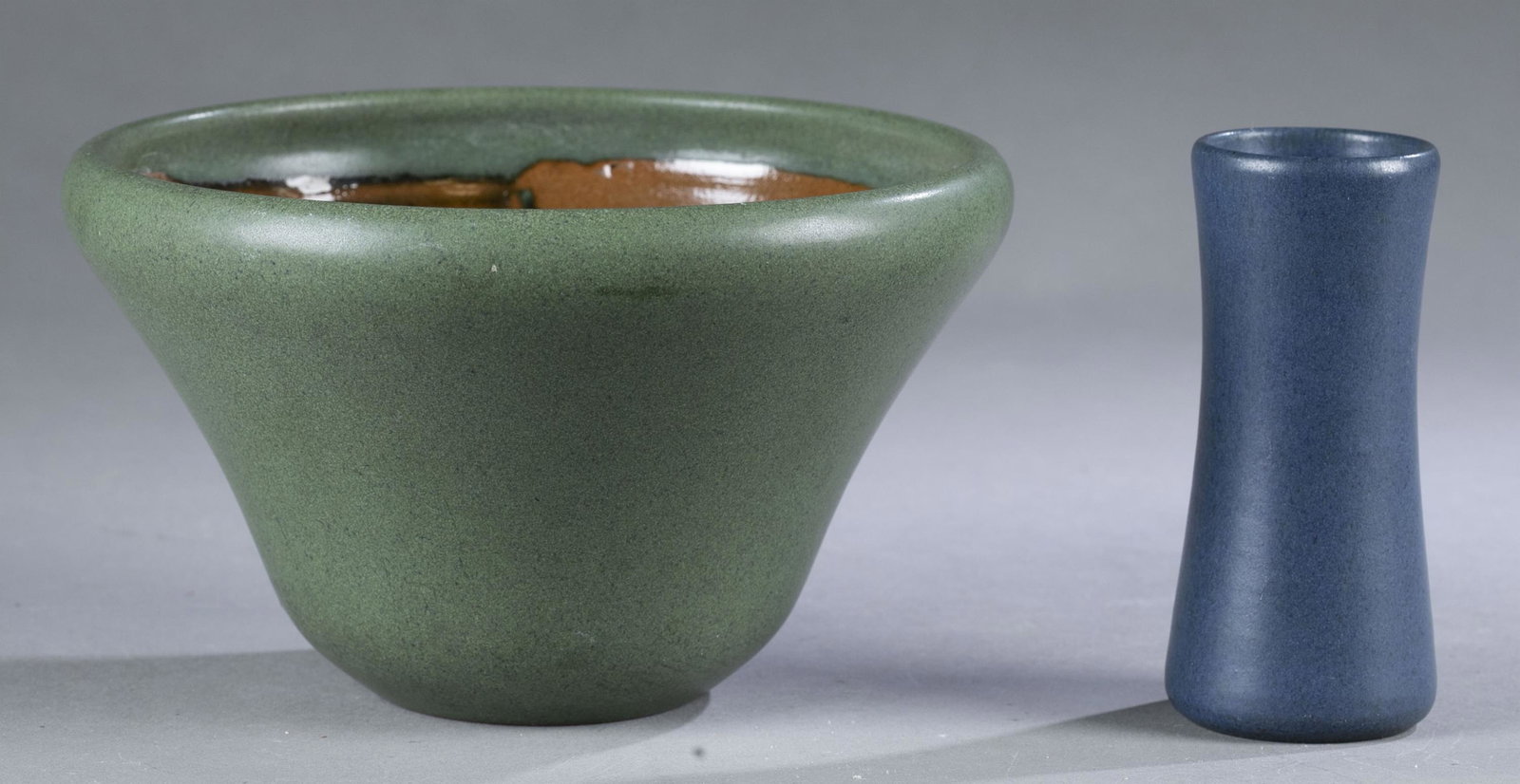 3 Marblehead Pottery vessels.: A group of three Marblehead Pottery pieces. Marked with incised M.P. and tall ship on base. ++ Textured green glaze flared bowl. 4 1/2" x 7 3/4". ++ Matte green glaze flared bowl. 4 1/2" x 7 1/2". ++