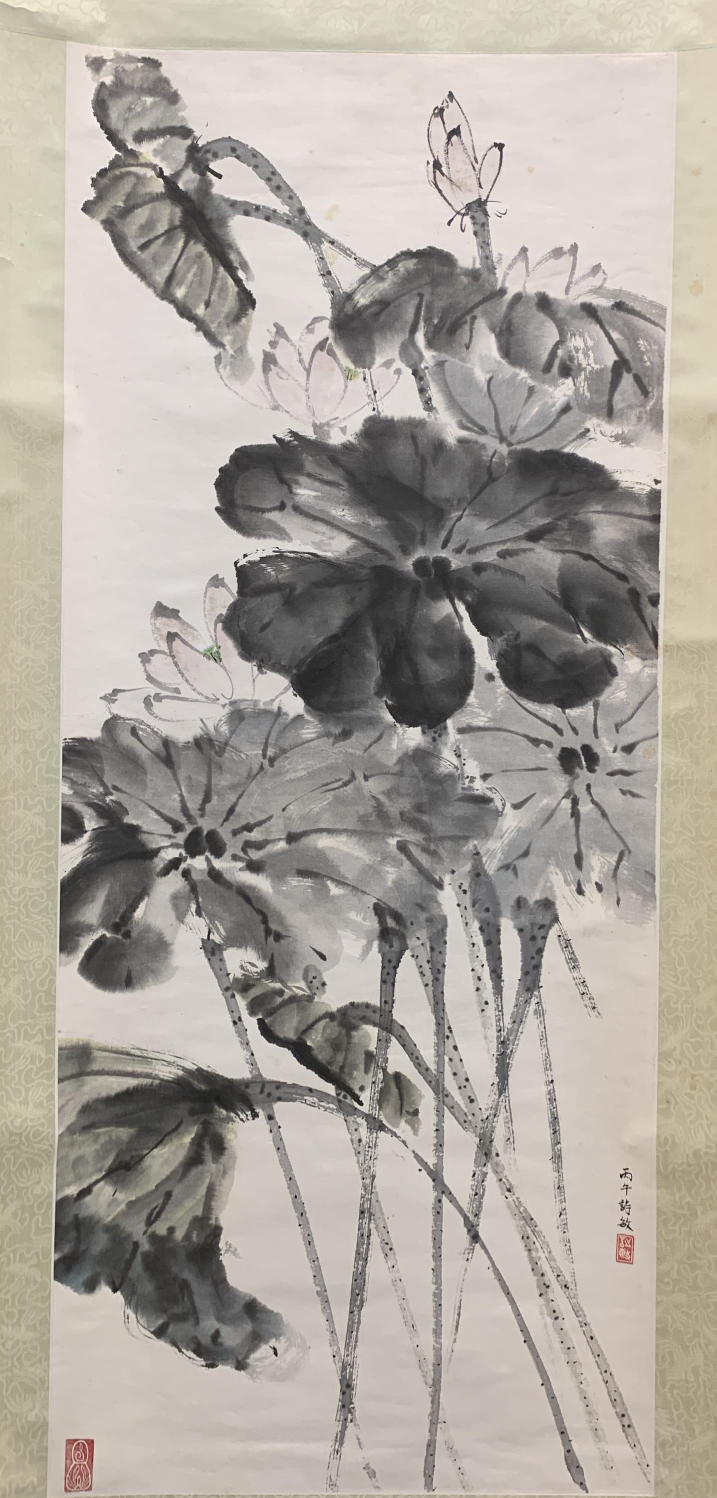 2 Chinese scrolls of painting and calligraphy.: A group of two Chinese hanging scrolls of painting and calligraphy. Painting depicting lotus blossom and leaves. Signed artist name "Shimin" to the right bottom with red seal. A red to the left bottom