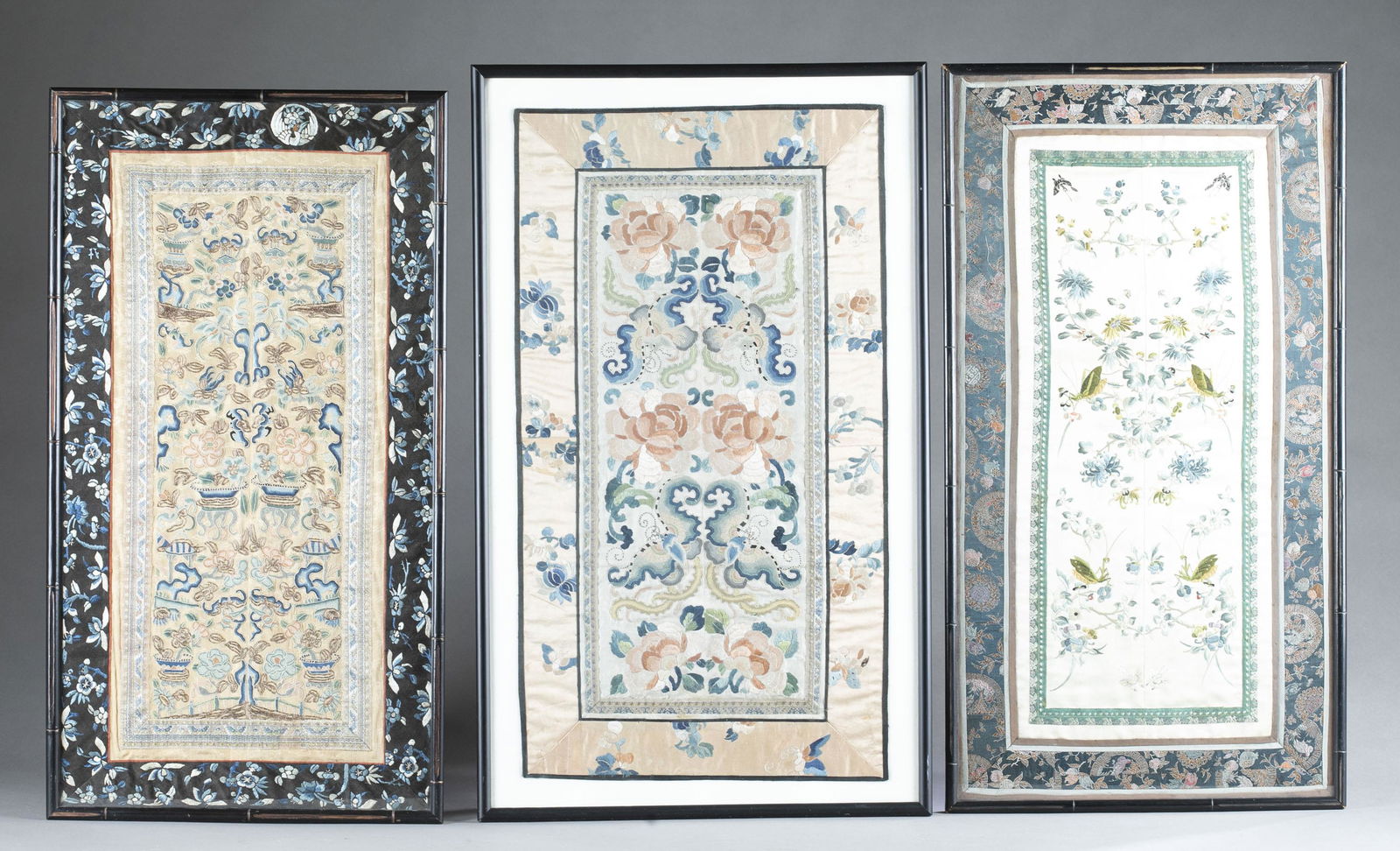 Three framed Chinese embroidery panels.: Three framed Chinese embroidery panels. Smallest: 14 1/2" x 26 3/4". Largest: 16 3/4" x 27 3/4". Provenance: From Harriett C. Mathews Estate in Maryland. Acquired by Lynne's grandmothers, who collecte