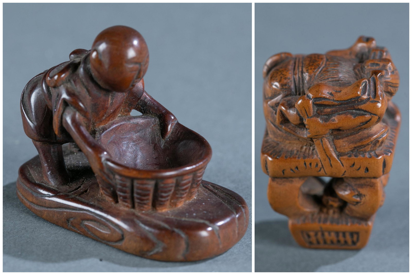 2 Japanese wood netsuke, 19th C.: A group of two Japanese wood netsukes, 19th century. Including a wood netsuke of Shoki and Oni under tale, 19th century. Unsigned. 1 1/4" x 7/8" x 3/4". Wood netsuke of a man with a large basket, 19th