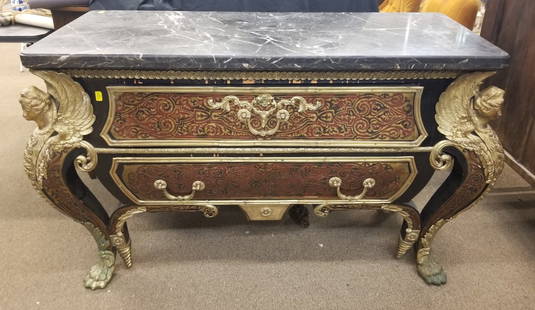 Second Empire style chest of drawers.: Second Empire style marble topped chest of drawers, 20th century. Brass mounts with black veneer and faux painted boulle work and inlaid brass. Two drawers and mirrored fake drawers on reverse. Brass