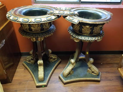 Louis XV style wood planters on stand.: Louis XV style wood planters on stand, 20th Century. Egg and dart design and acanthus leaf decoration on planter. Tripod base with acanthus leaf scroll feet. 39" x 24" Condition: One edge has clean