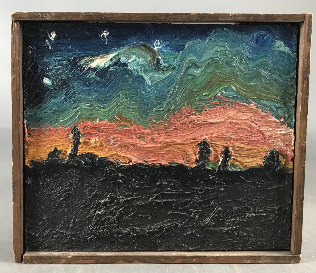Peter Dean. Duskscape. 1968. O/B.: Dean, Peter (German 1934 - 1993). "Duskscape." 1968. Oil on board. Signed in the painting in l.r. 7" x 8". Frame 7 1/2" x 8 1/2". Gallery information on verso.