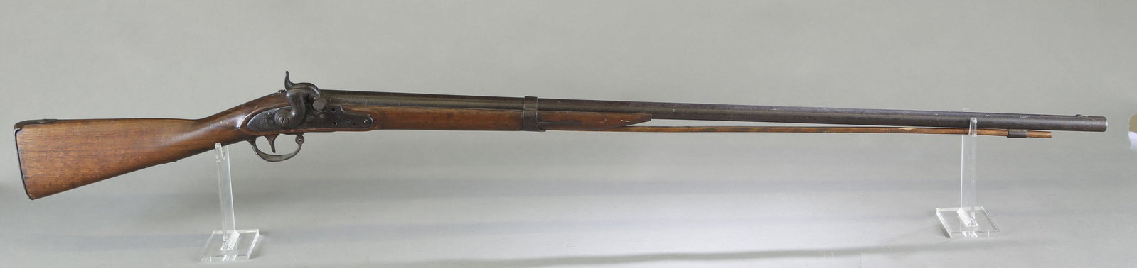 Harpers Ferry M1816 converted fowler, .69 cal.: Harpers Ferry M1816 converted to percussion fowler, .69 cal. 42" round smoothbore barrel with faint proof marks. Lock marked with eagle over "U.S." and behind hammer 'HARPER'S/ FERRY/ 1839." Walnut pa