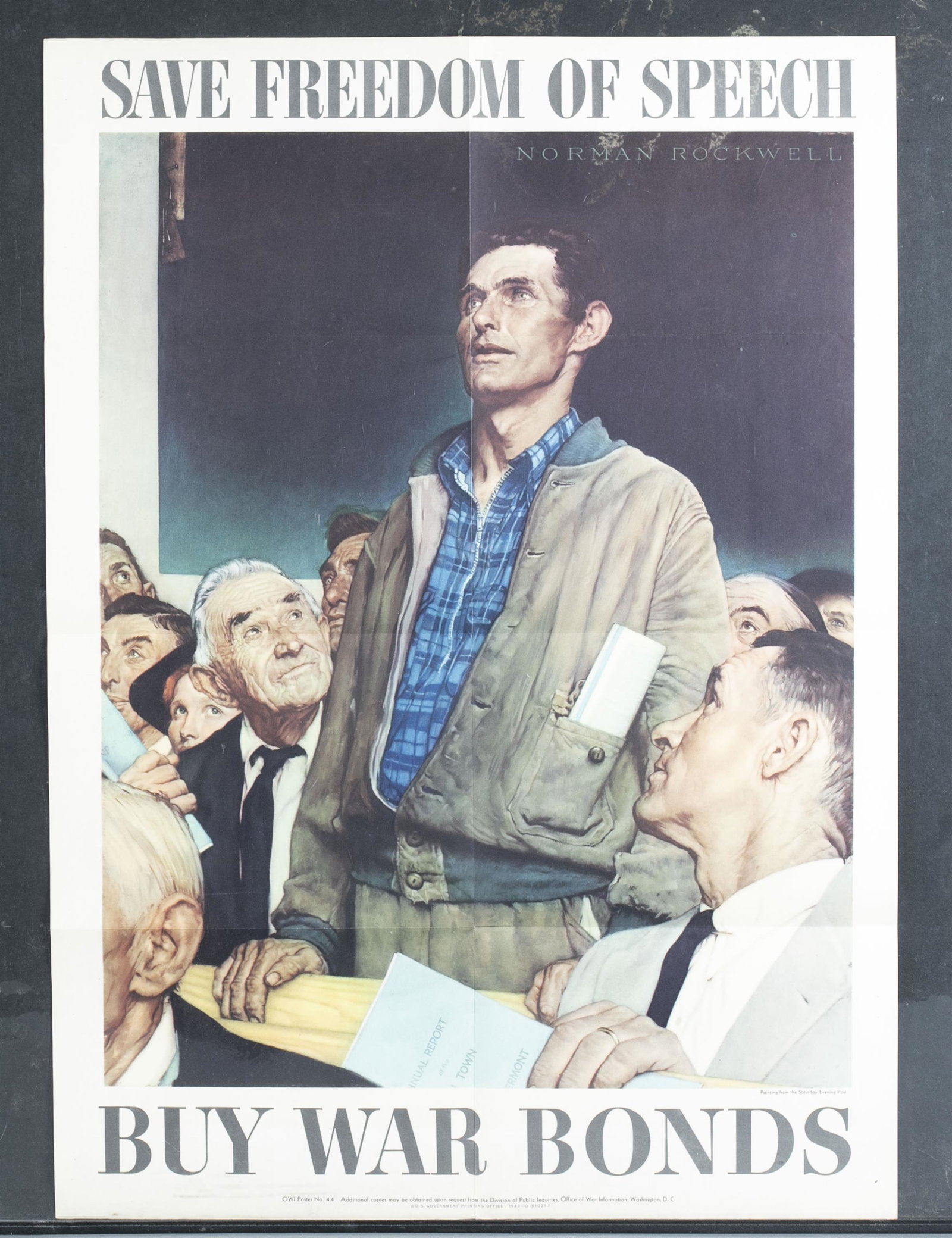 Rockwell. The Four Freedoms. WWII Posters.: Norman Rockwell. The Four Freedoms. 4 WWII posters. Color lithographs. Freedom of Speech, Want, Worshop and Fear. OWI Posters #43, 44, 45, and 46. Posters measure 19 7/8" x 27 3/4".Condition: Very goo
