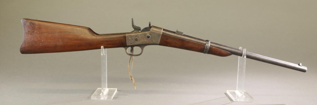 Remington Military Rolling Block carbine, .44 cal.: Remington Military Rolling Block Light Baby Carbine, .44 caliber. Blued finish. 20 1/2" round barrel. Case hardened action with ring bar and saddle ring. Upper tang marked "E. REMINGTON & SONS. ILION 