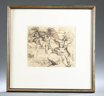 Attrib. Haydon, "Hercules Frees Prometheus.": Attributed to Benjamin Robert Haydon (British, 1786-1846). "Hercules Frees Prometheus." Ink on paper. Unsigned. Sight: 8" x 9 1/2". Frame: 17 1/2" x 17 1/2". Condition: Creasing, some staining, tear i