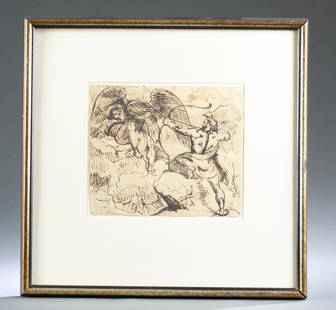 Attrib. Haydon, "Hercules Frees Prometheus.": Attributed to Benjamin Robert Haydon (British, 1786-1846). "Hercules Frees Prometheus." Ink on paper. Unsigned. Sight: 8" x 9 1/2". Frame: 17 1/2" x 17 1/2".Condition: Creasing, some staining, tear