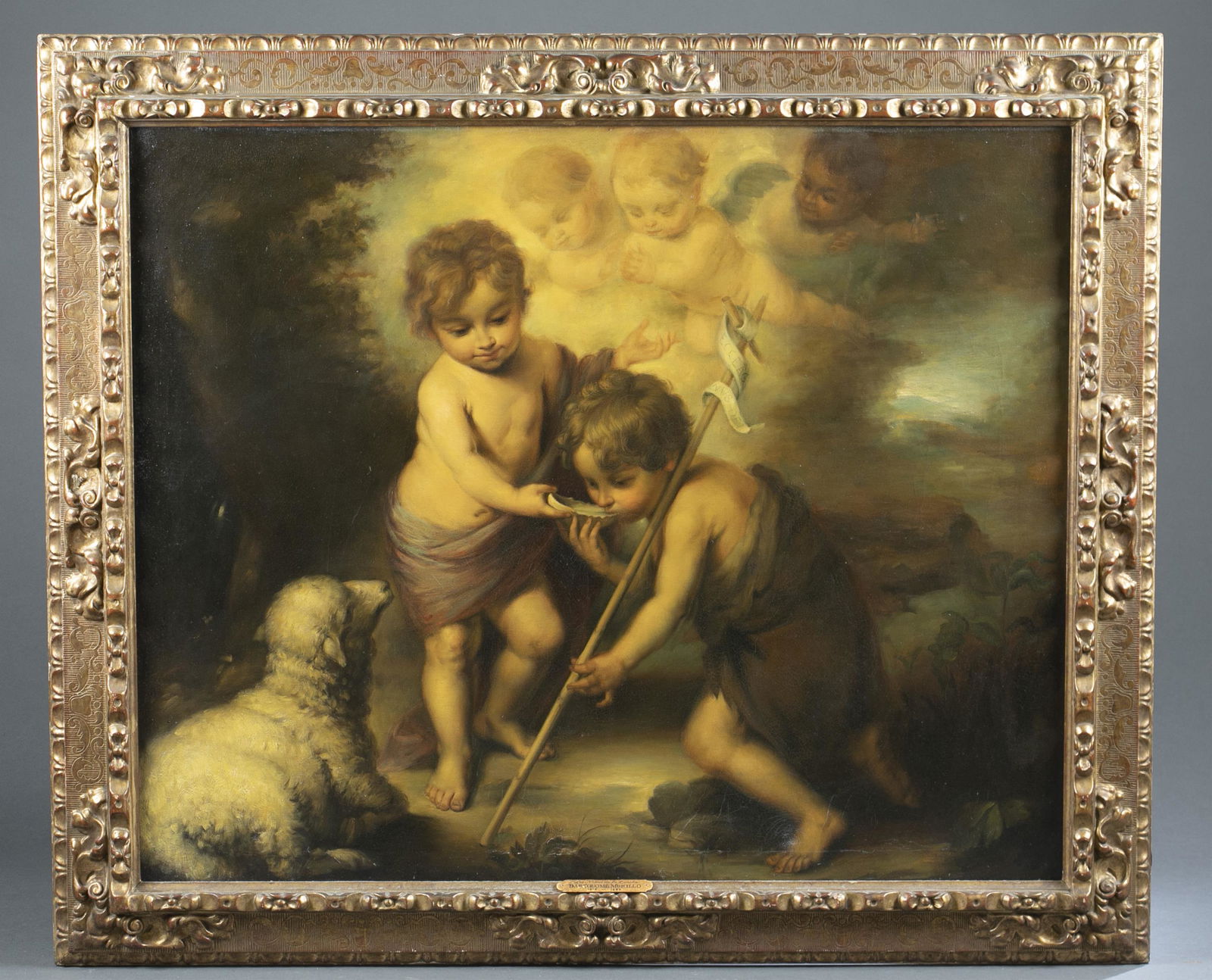 After Murillo, "The Children with the Shell," O/C.: A copy of Bartolome Esteban Murillo (Spanish, 1617-1682). "The Infant Christ and Saint John the Baptist with a Shell" or "The Children with the Shell." Late 19th/Early 20th century. Oil on canvas. Uns