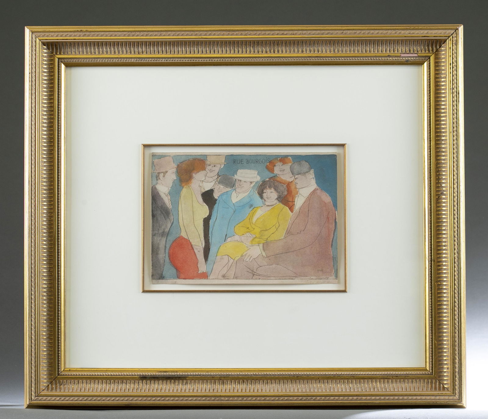 David Schneuer, Untitled, W/P.: Schneuer, David (Israeli, 1905-1988). Untitled, group of people. Watercolor and ink on paper. Signed l.r. Sight: 8 1/4" x 11 1/2". Frame: 24" x 27 1/2".