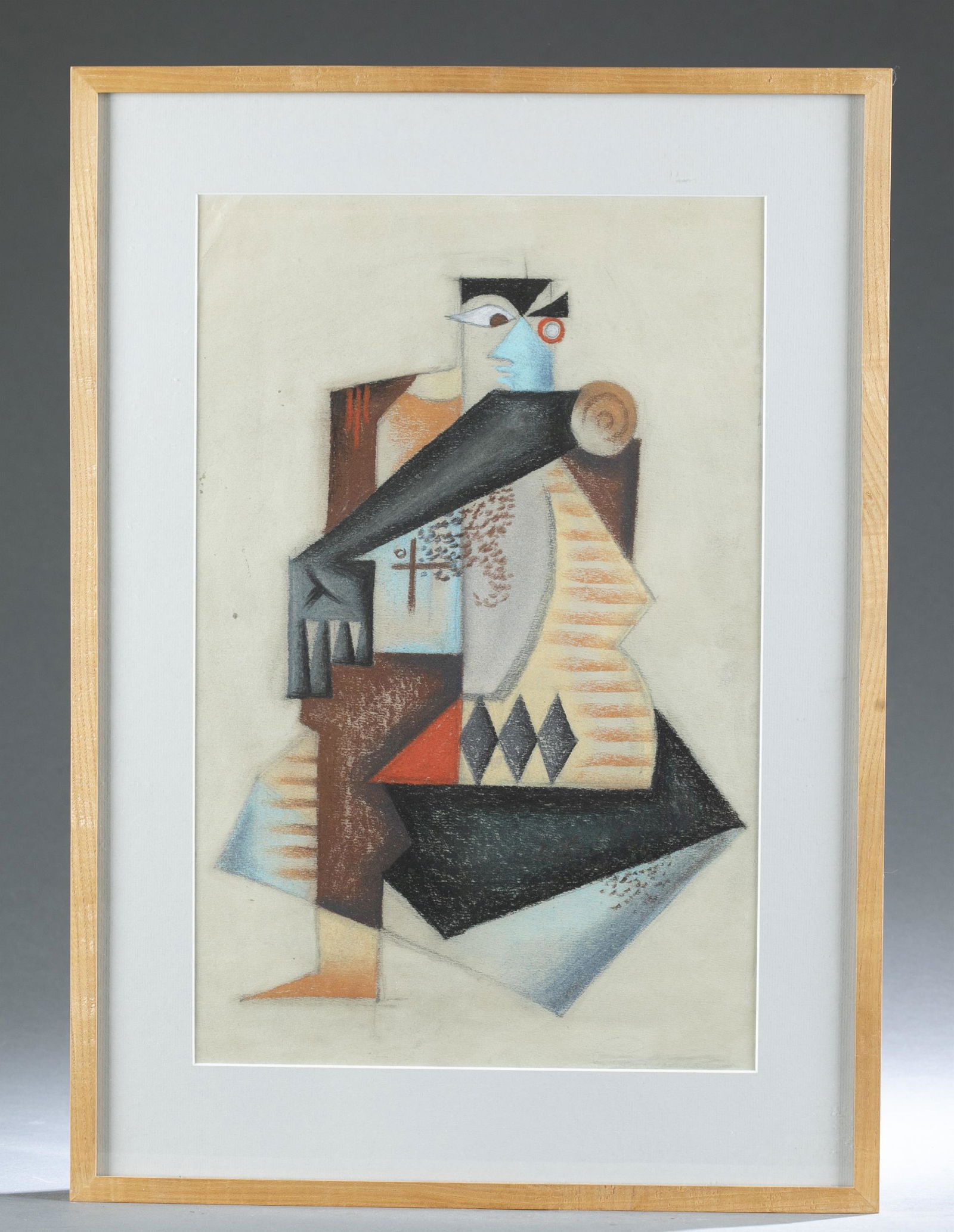 Abstracted figure, Mixed media on paper.: Untitled, abstracted figure done in the style of Roy Lichtenstein (American, 1923-1997) 1950's Archetype series. Pastel and graphite on paper. Illegible and faint signature l.r. Sight: 18 1/4" x 12".