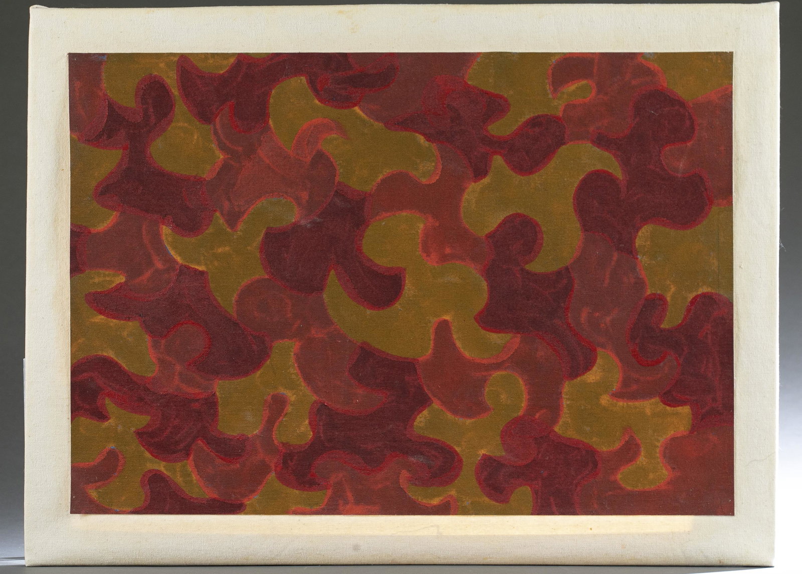 Paul Reed, "Jig-D." 1962, A/C.: Reed, Paul (Washington, D.C. 1919-2015). "Jig-D." Red and gold organic shapes in a repeated pattern. 1962. Acrylic on canvas applied to canvas. Signed, titled, and dated on verso. 16" x 24".
