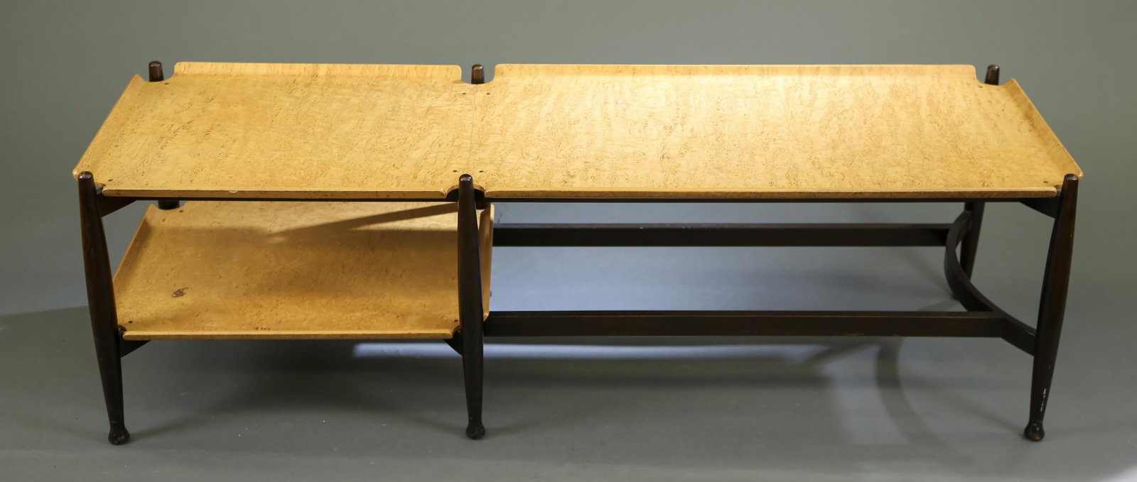 Edward Wormley for Dunbar side table.: An Edward Wormley for Dunbar side table. Rosewood and burl walnut. Two piece top with stretcher. Label on underside. 18 1/2" x 59 1/2" x 20".