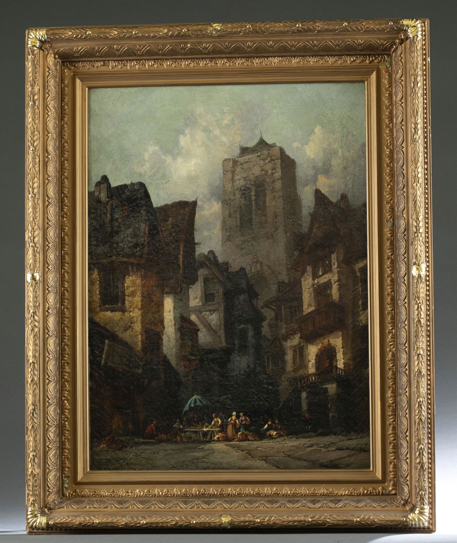 William Henry Cooper, Marketplace, O/C.: Cooper, William Henry (b. 1858). Marketplace in the street. 1873. Oil on canvas. Signed and dated l.l. Sight: 25 1/2" x 18 1/2". Frame: 34 1/2" x 27". Condition: Craquelure, repair evident on verso.