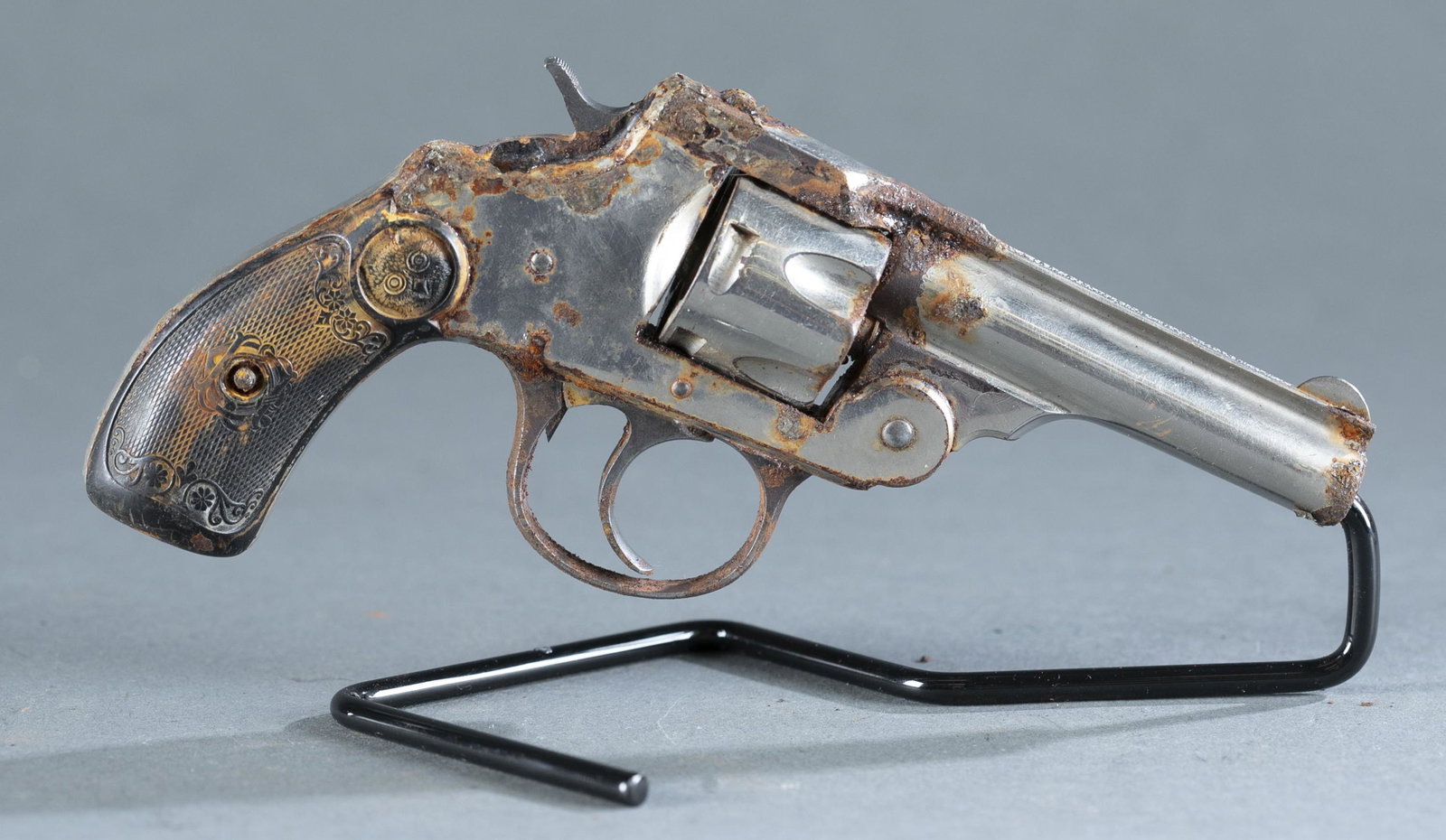 Iver Johnson revolver, .32 caliber.: Iver Johnson 2nd Model Safety double action revolver, .32 caliber. Nickel finish. 3" barrel. Bakelite owl grips. Serial 62397. 6 1/2" overall. Curio and Relic FFL eligible. THIS IS A MODERN FIREARM. I