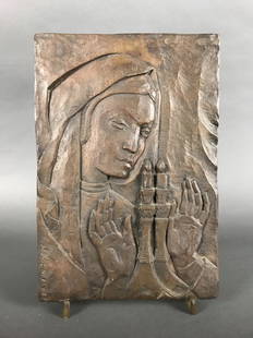 Judaic bronze plaque: A bronze plaque by Jacob Epstein, on stand: Title: Lighting of the Sabbath Candles. Artist signed. 12 1/2" x 8 3/4".