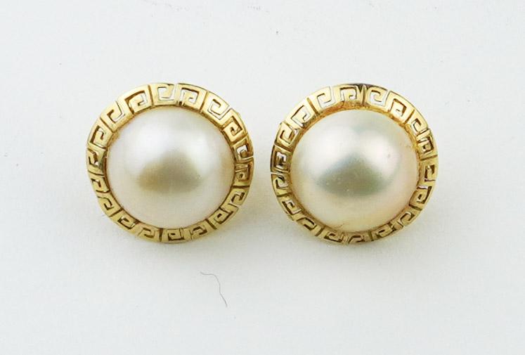14KYG Greek Key Motif and Mabe Pearl Earrings (1 of 2)