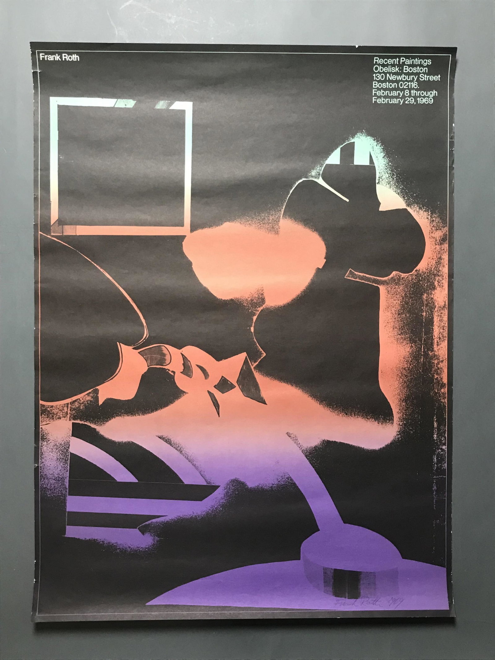 Frank Roth. Signed Exhibition Poster. 1969.: Roth, Frank (American 1936 - 2019). Exhibition of Works at the Obelisk, Boston. 1969. Lithograph poster. Signed and dated in ink, l.l. 24" x 32 1/2". Condition: Very good. Some tears at the edges.