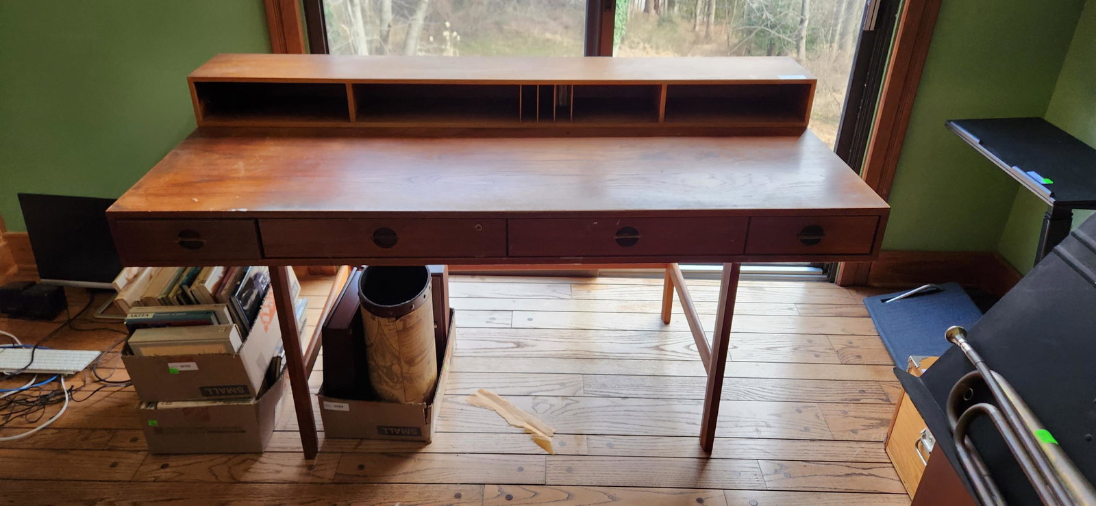 Danish Modern Lovig partners desk: A Danish Modern Jens Quistgaard (Danish, 1919-2008) for Peter Lovig Nielsen(Danish, 1915-1989) partners desk. Walnut. Manufacturers mark on underside "'Lovig Dansk Designs Denmark'" and dated "1965."