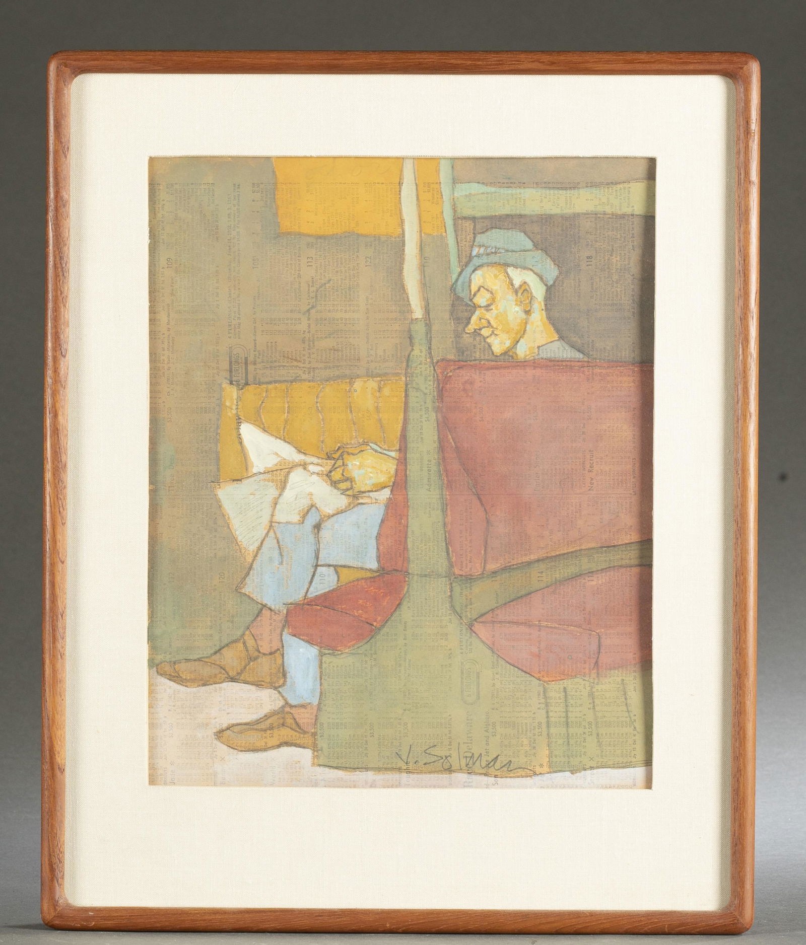 Joseph Solman, "Subway Library," 1965.: Solman, Joseph (American,1909-2008). "Subway Library." Gouache on newsprint. 1965. Signed l.c. Sight: 15" x 12". Frame: 21" x 17".