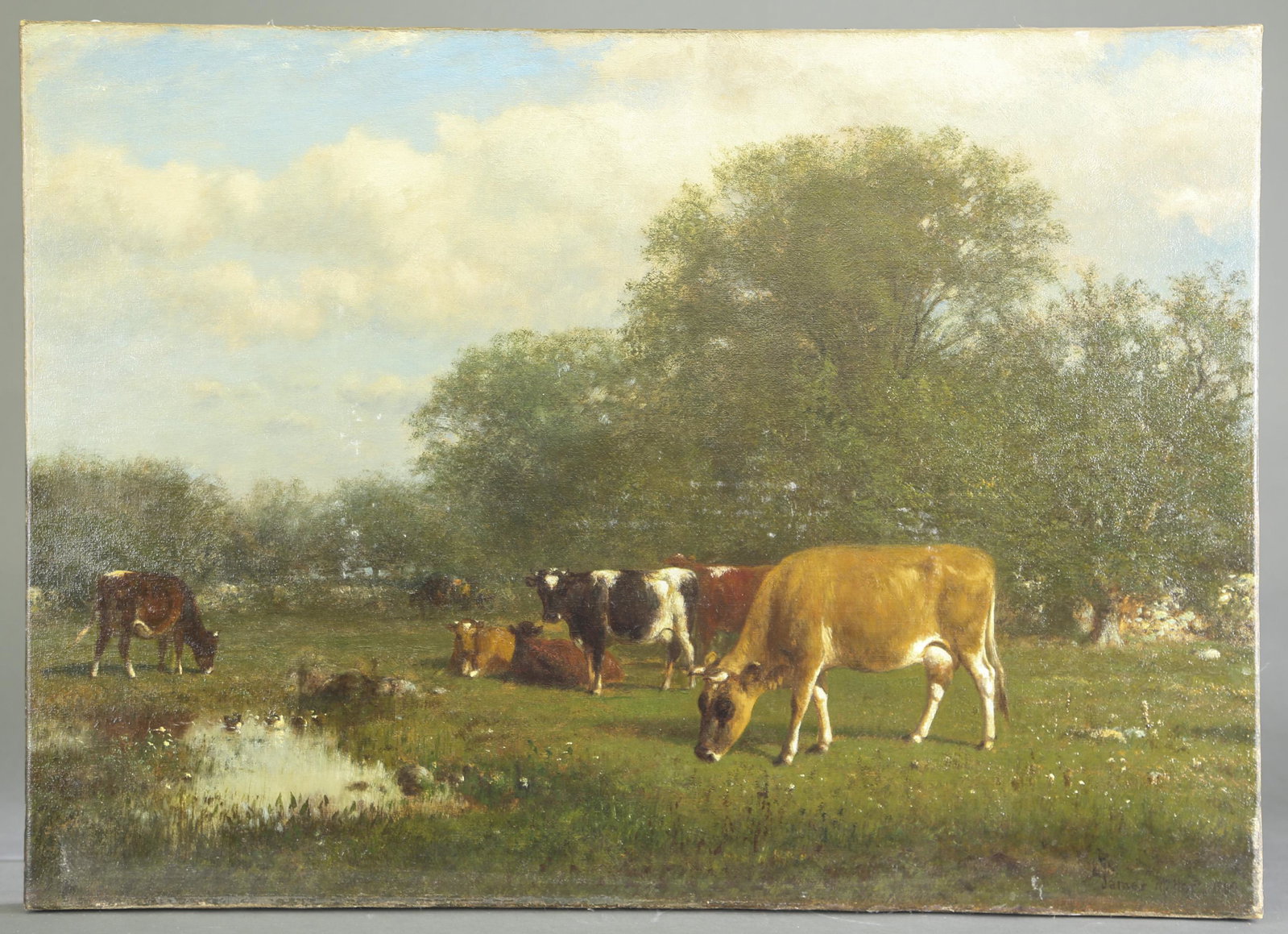 James Mcdougal Hart, Pastoral scene, 1882: Hart, James MacDougal (Scottish/American, 1828-1901). Untitled, pastoral scene with cows by a stream. Oil on canvas.1882. Signed and dated l.r. Christie's stamp on verso. 20" x 28".Provenance: Purchas