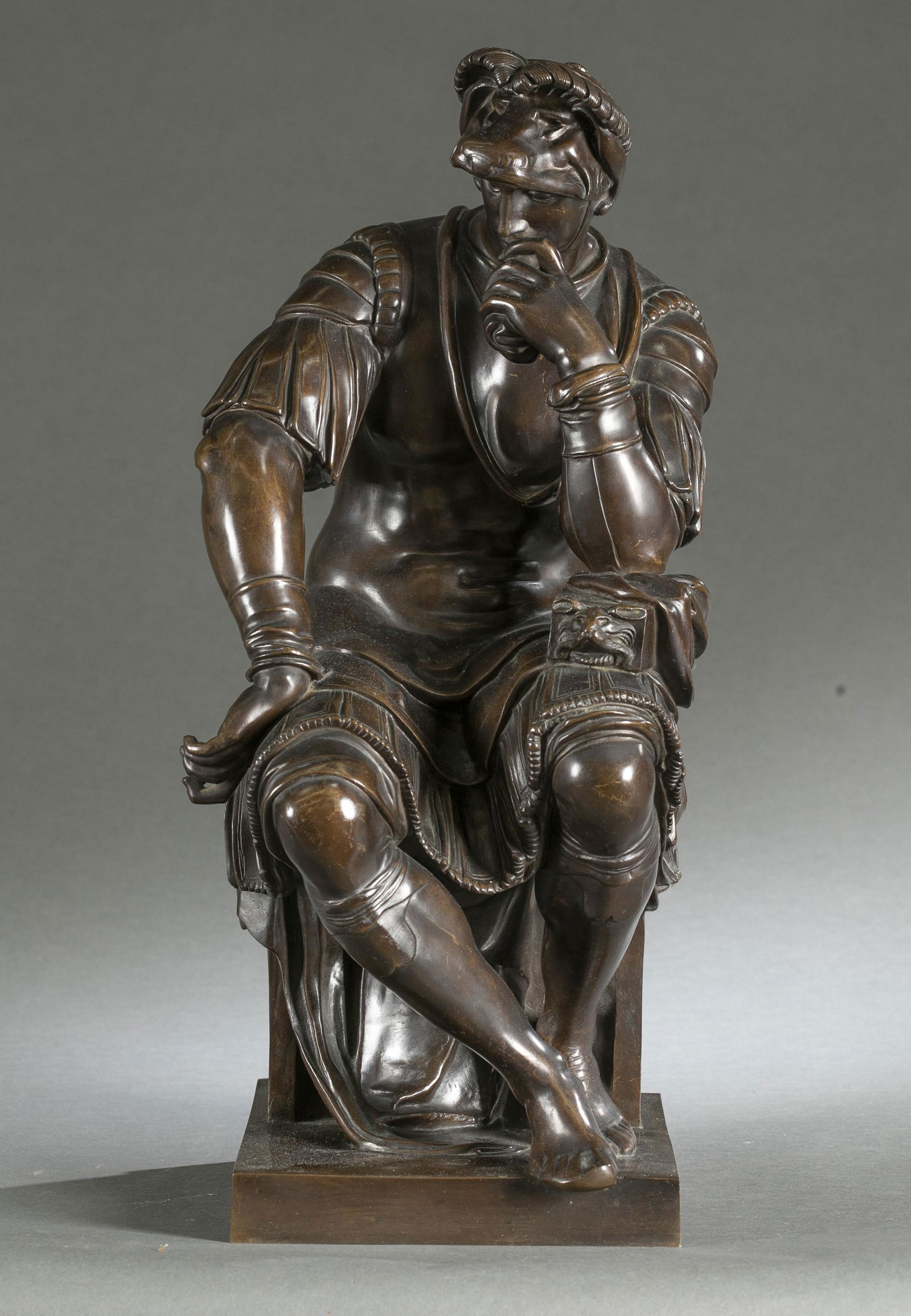 F. Barbedienne, Lorenzo de Medici, bronze: A Ferdinand Barbedienne (French, 1810-1892), Lorenzo de Medici, bronze sculpture. After Michelangelo Buonarroti (Italian, 1475-1564) sculpture in the tomb of Lorenzo II de Medici in the Medici Chapel,