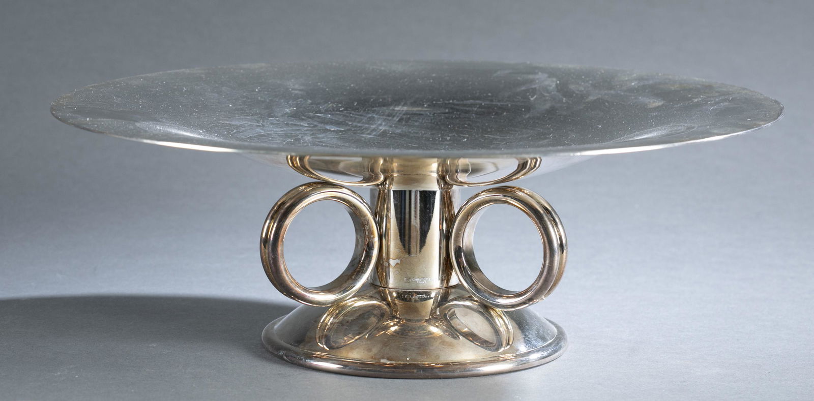 Luc Lanel for Christofle, silverplate fruit bowl.: A Luc Lanel (French, 1893-1965) for Christofle silverplate fruit bowl. Marked on support "CHRISTOFLE/ FRANCE." 4 3/4" x 13 3/4"