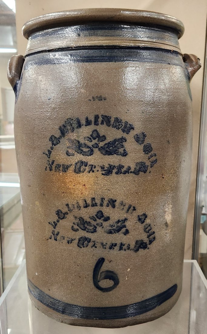 Philadelphia 6 gallon crock.: L.B. Dilliner, New Geneva six gallon crock. Cobalt stenciled Stenciled "L.B. DILLINER / NEW GENEVA PA." Freehand cobalt stripes on shoulder and base and number "6".18" x 11 1/2"