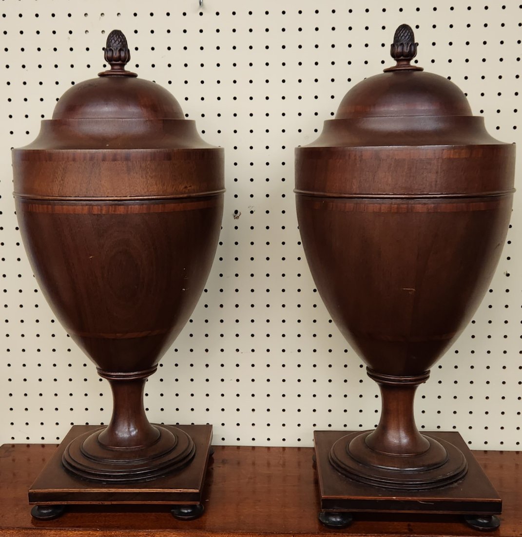 Georgian style mahogany cutlery urns.: Georgian style mahogany and marquetry sideboard knife or cutlery urns, Late 19th Century. Raising lid with acorn finial raised on square plinth. 13" x 11 1/2"