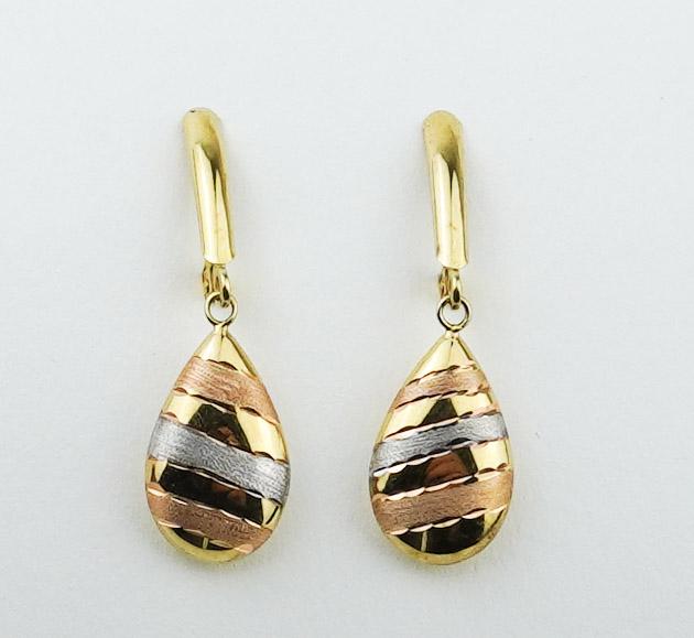 14K Yellow, Rose and White Gold Drop Earrings: 14K Yellow, Rose and White Gold Drop Earrings approx. 1 1/4 inches x 3/8 inch, hinged wire drops, gross weight approx. 1.0