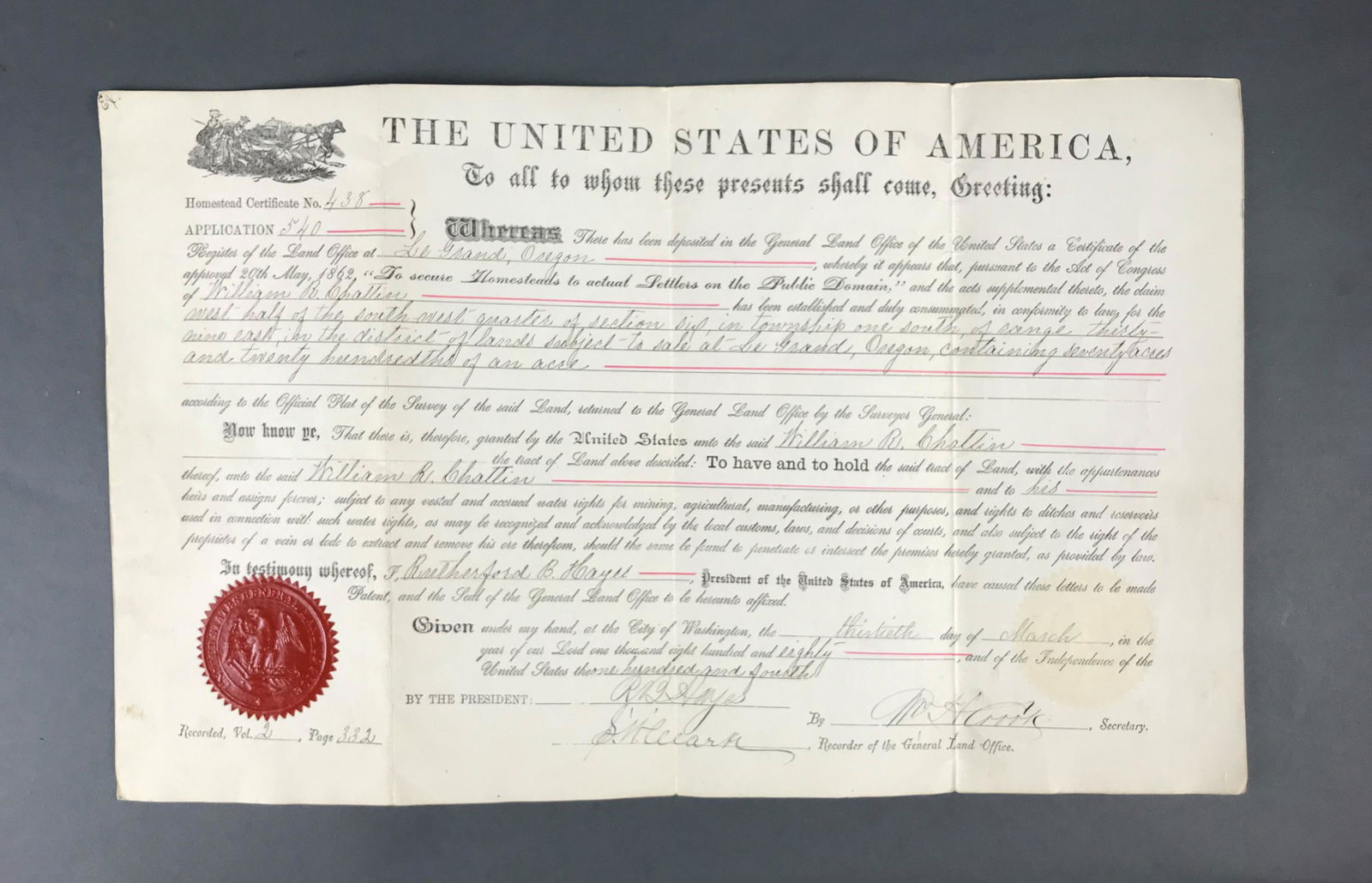 Signed Rutherford B. Hayes Homestead Certificate (1 of 5)