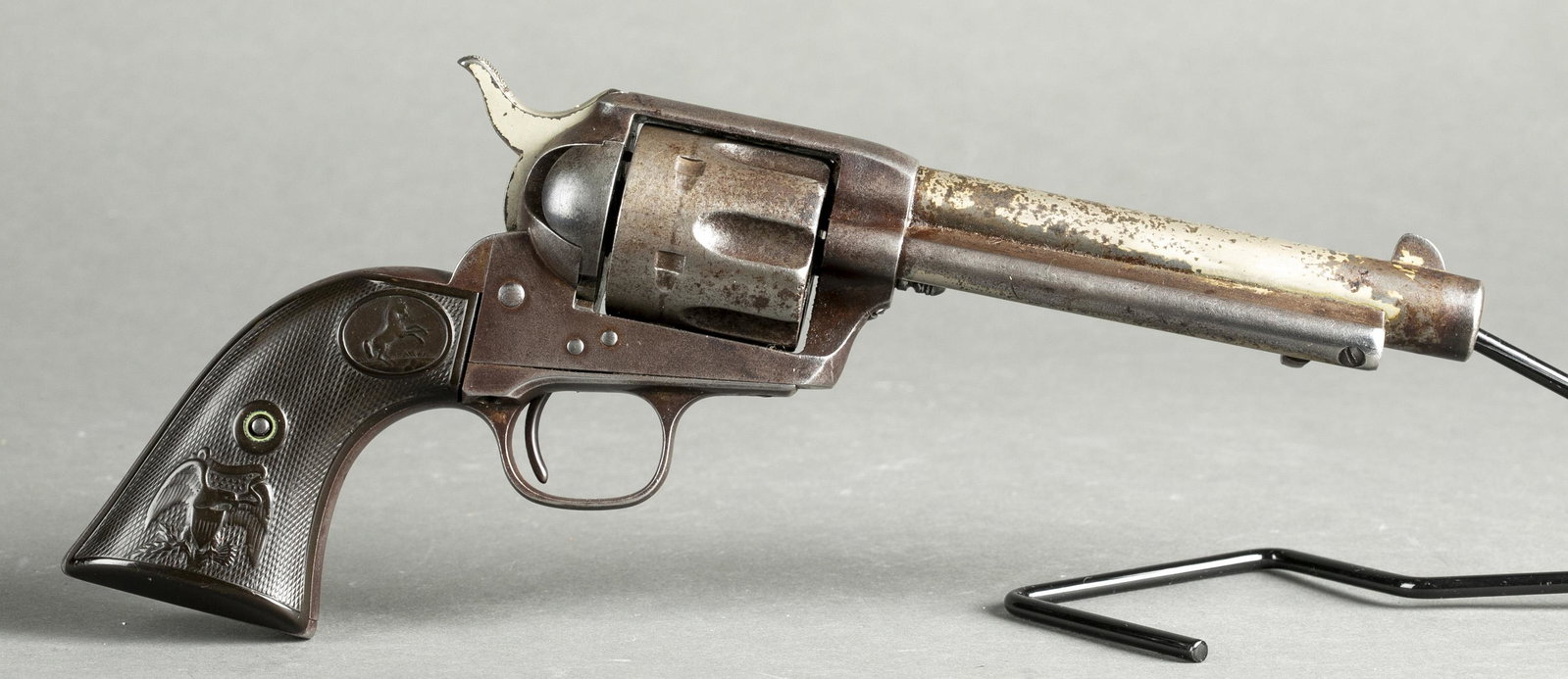 Colt 1st Gen SAA revolver, .45 Colt: [Antique Firearm] A 1st Generation intermediate black powder Colt Single Action Army revolver, .45 Colt. Manufactured in 1883. Nickel-plate finish. 5 1/2" round barrel with Colt's address roll "COLT'S